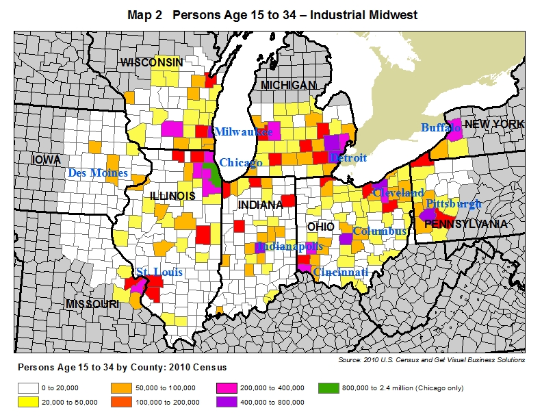 map of persons age 15 to 34 in the industrial midwest
