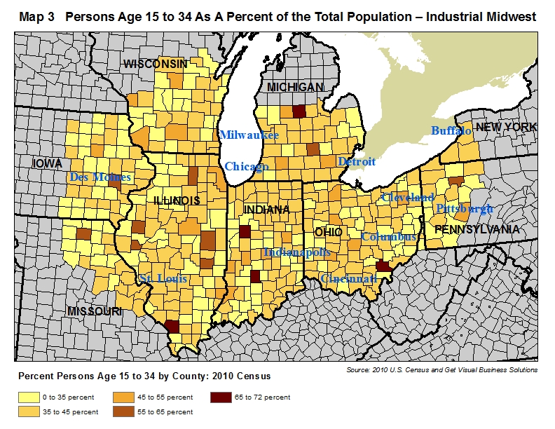 map of percentage of persons age 15 to 34 in the industrial midwest